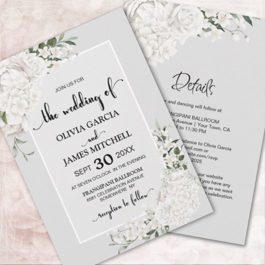 Invitation Tout en un élégant Mariage blanc floral gris