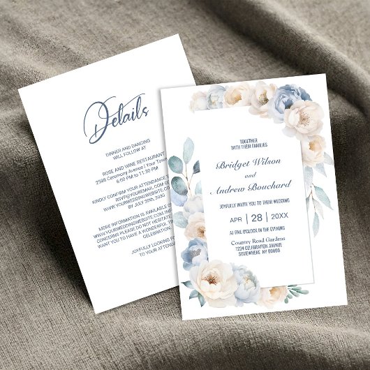 Invitation Tout en un élégant Mariage bleu blanc floral