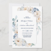 Invitation Tout en un élégant Mariage bleu blanc floral (Devant)