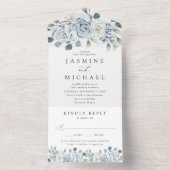 Invitation Tout En Un Elégant Mariage bleu bleu bleu bleu floral (À l'intérieur)