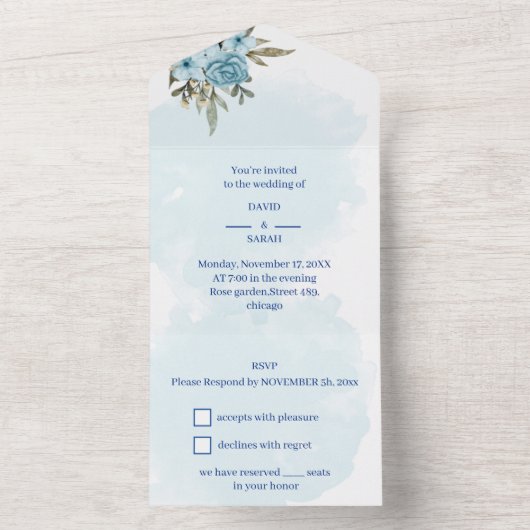 Invitation Tout En Un Élégant Mariage bleu fleur (À l'intérieur)