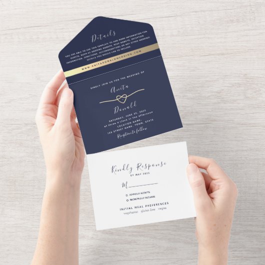 Invitation Tout En Un Élégant Mariage bleu marine minimal (Déchirure)