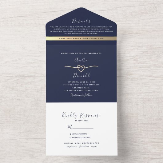 Invitation Tout En Un Élégant Mariage bleu marine minimal (À l'intérieur)