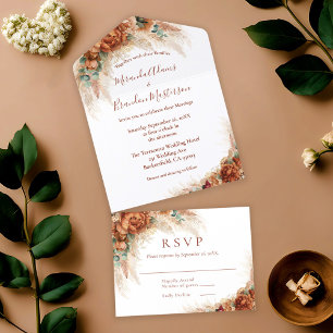 Invitation Tout En Un Élégant Mariage Bohème en Terre Cuite avec Herbe d