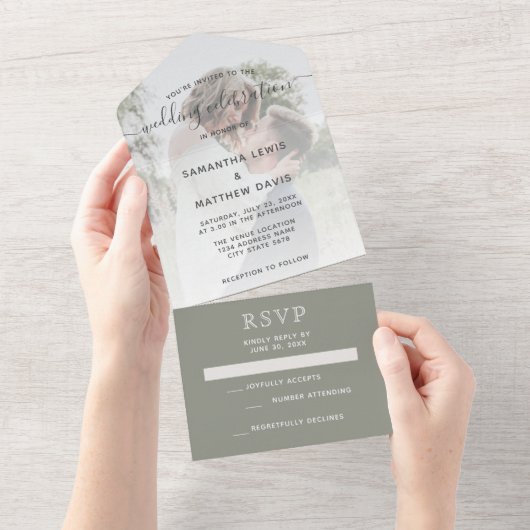 Invitation Tout En Un Élégant Mariage bohème rustique Sage Green (Déchirure)