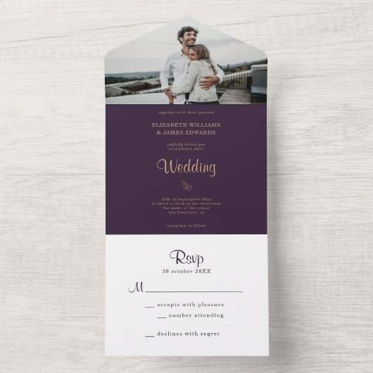 Invitation Tout En Un Élégant Mariage Boho Moody violet foncé (À l'intérieur)