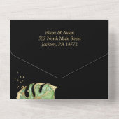 Invitation Tout En Un Élégant Mariage botanique Tropical Noir & Or (Verso)