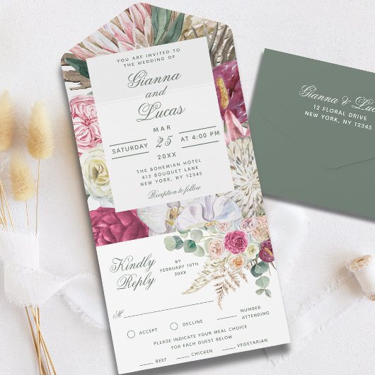 Invitation Tout En Un Elégant Mariage campagnard floral Boho aquarelle