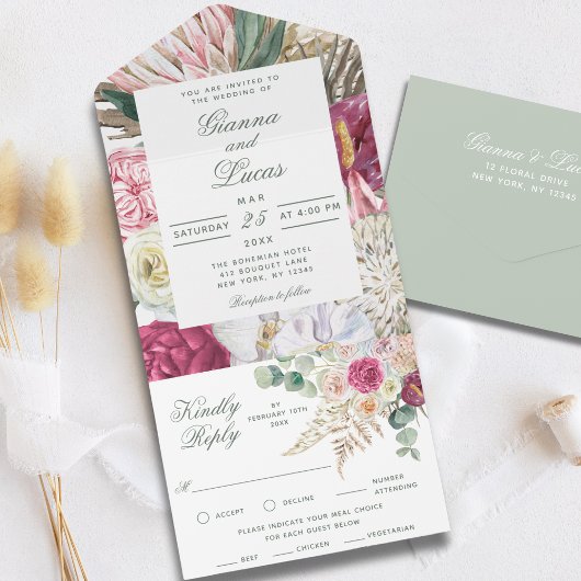 Invitation Tout En Un Elégant Mariage campagnard floral Boho aquarelle