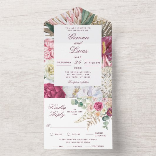 Invitation Tout En Un Elégant Mariage campagnard floral Boho aquarelle (À l'intérieur)