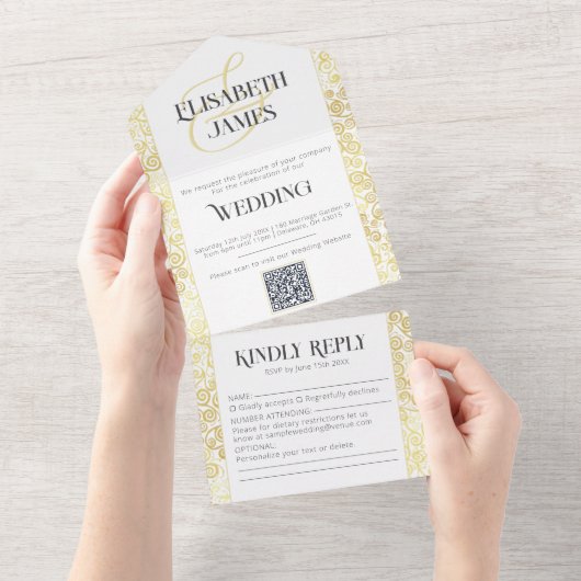 Invitation Tout En Un Élégant Mariage Classique Baroque Blanc Et Or (Déchirure)