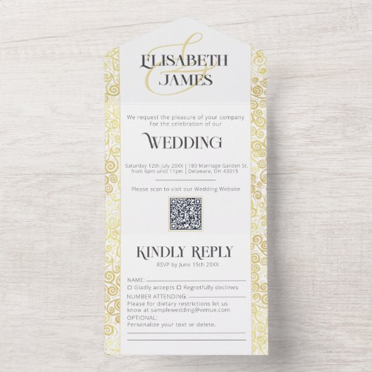 Invitation Tout En Un Élégant Mariage Classique Baroque Blanc Et Or (À l'intérieur)