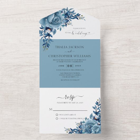 Invitation Tout En Un Elégant Mariage d'aquarelle bleu-bleu-bleu (À l'intérieur)