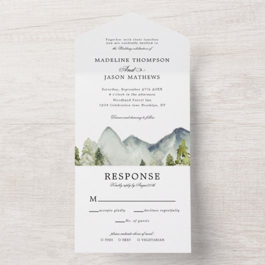 Invitation Tout En Un Élégant Mariage d'aquarelle classique de la forêt  (À l'intérieur)