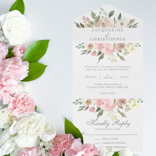 Invitation Tout En Un Élégant Mariage d'aquarelle rose pâle