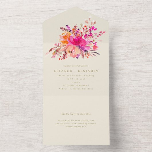 Invitation Tout En Un Élégant Mariage d'aquarelle rose vif (À l'intérieur)