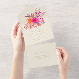 Invitation Tout En Un Élégant Mariage d'aquarelle rose vif