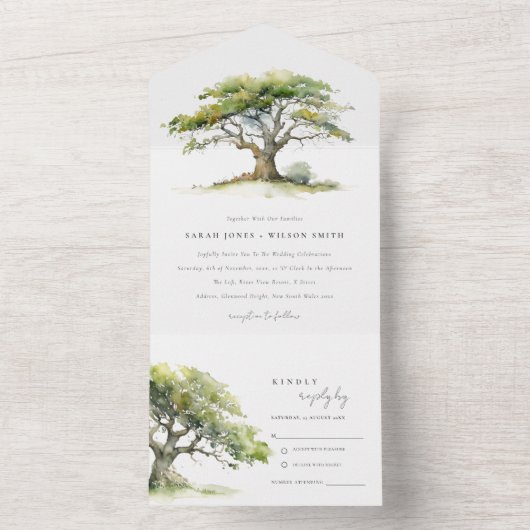 Invitation Tout En Un Élégant Mariage d'aquarelle verte en chêne (À l'intérieur)