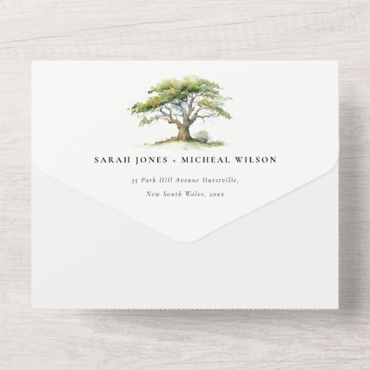 Invitation Tout En Un Élégant Mariage d'aquarelle verte en chêne (Verso)