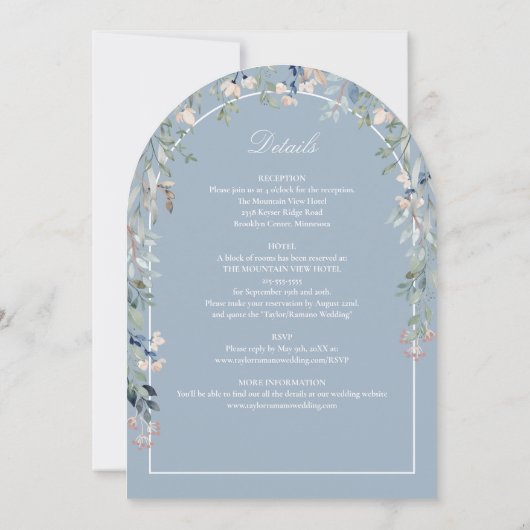 Invitation Tout en un élégant Mariage d'arc bleu floral Dusty (Dos)