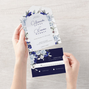 Invitation Tout En Un Elégant Mariage d'arc floral Dusty Blue Navy
