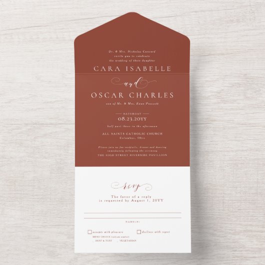 Invitation Tout En Un Élégant mariage de automne en terre cuite moderne (À l'intérieur)