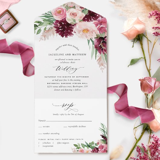 Invitation Tout En Un Élégant Mariage de Boho Floral Rose Burgundy