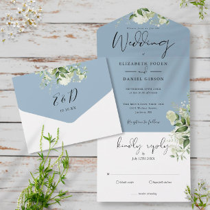 Invitation Tout En Un Élégant Mariage de Botanique Verdure Bleu Poussiér