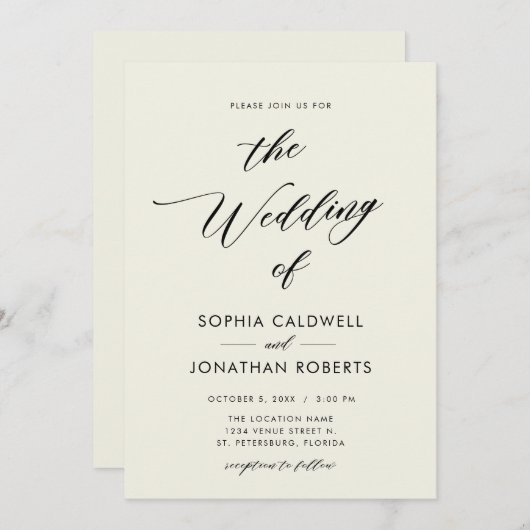 Invitation Tout en un élégant Mariage de calligraphie noire (Devant / Derrière)