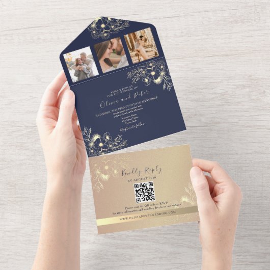 Invitation Tout En Un Élégant Mariage de code QR bleu marine (Déchirure)