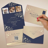 Invitation Tout En Un Élégant Mariage de code QR bleu marine