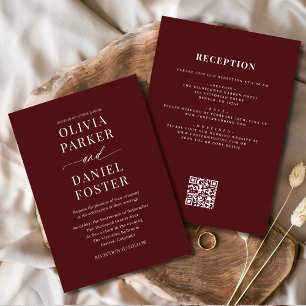 Invitation Tout en un élégant Mariage de code QR de Bourgogne