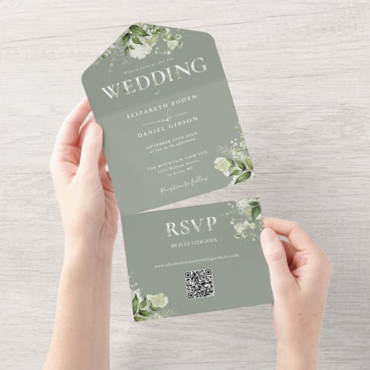 Invitation Tout En Un Élégant Mariage de code QR Floral Sage Green (Déchirure)