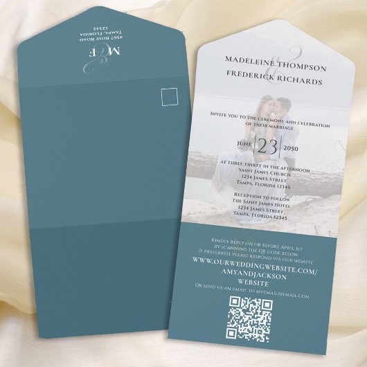 Invitation Tout En Un Élégant Mariage de code QR Photo Bleue