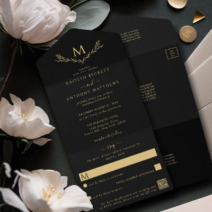 Invitation Tout En Un Élégant Mariage de couronne de monogramme noir et 