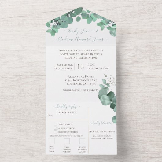 Invitation Tout En Un Élégant Mariage de couronne Eucalyptus tout en un (À l'intérieur)