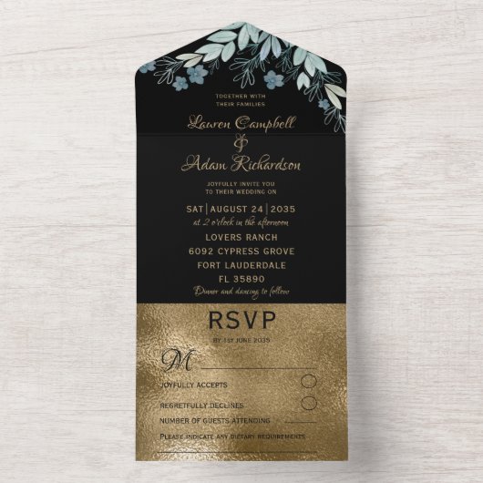 Invitation Tout En Un Élégant Mariage de feuillage d'or noir & faux (À l'intérieur)