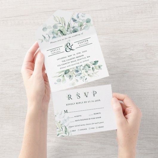 Invitation Tout En Un Élégant Mariage de feuillage vert (Déchirure)