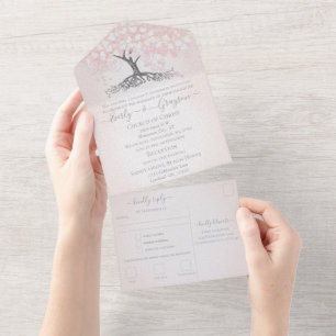 Invitation Tout En Un Élégant Mariage de feuille de coeur rose pâle