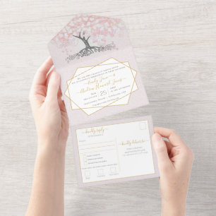 Invitation Tout En Un Élégant Mariage de feuille de coeur rose pâle