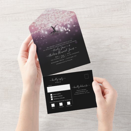 Invitation Tout En Un Élégant Mariage de feuilles de coeur violet rose v (Déchirure)