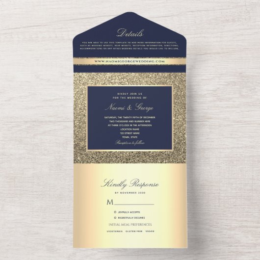 Invitation Tout En Un Elégant Mariage de marine et d'or (À l'intérieur)