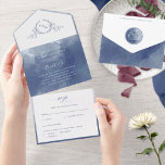 Invitation Tout En Un Élégant Mariage de monogramme bleu marine<br><div class="desc">Élégant tout-en-un tri-plié avec carte postale RSVP perforée. Conception avec des détails de lavage marine et bleu aquarelle et un monogramme botanique délicat dessiné à la main avec initiales de couple. Eléments calligraphiques écrits à la main modernes. Respectueux de l'environnement, puisqu'il n'est pas nécessaire d'insérer des cartes supplémentaires, des cartes...</div>