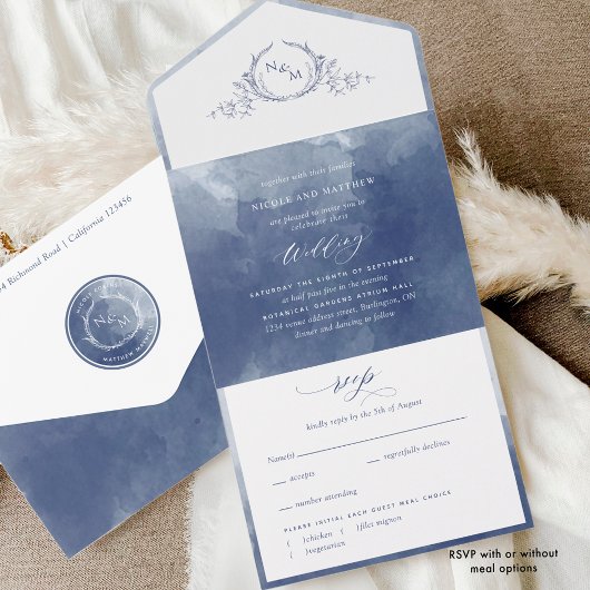 Invitation Tout En Un Élégant Mariage de monogramme bleu marine