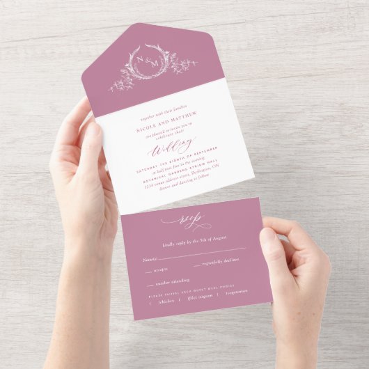 Invitation Tout En Un Élégant Mariage de monogramme rose et blanc (Déchirure)