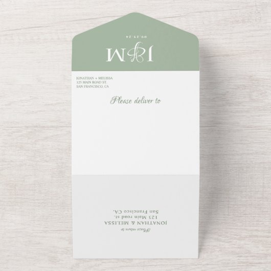 Invitation Tout En Un Élégant Mariage de monogramme vert et blanc (Dehors)