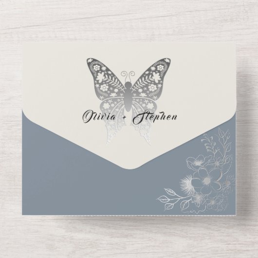 Invitation Tout En Un Élégant Mariage de papillon bleu Dusty (Verso)
