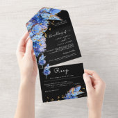 Invitation Tout En Un Élégant Mariage de papillons bleus noirs (Déchirure)