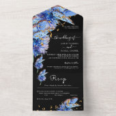 Invitation Tout En Un Élégant Mariage de papillons bleus noirs (À l'intérieur)