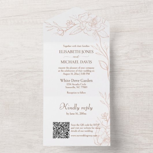 Invitation Tout En Un Élégant Mariage de pêche de code QR (À l'intérieur)